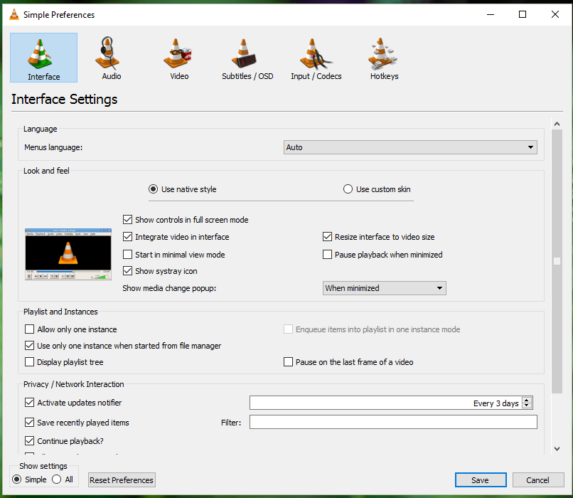 VLC Simple Preferences 