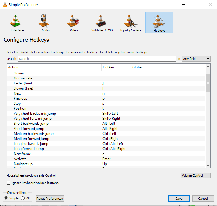 vlc media player keyboard shortcuts jump backward