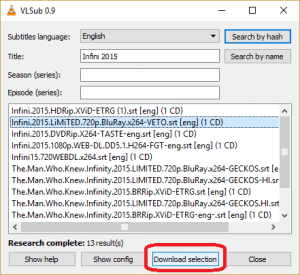 VLC Subtitle Download Selection