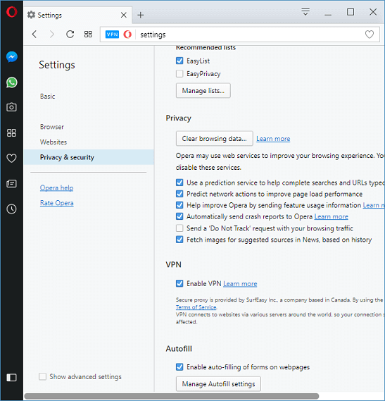 opera vpn settings