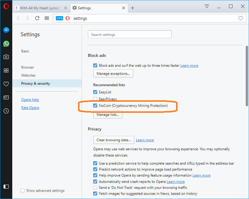 Enable or Disable Cryptocurrency Mining Protection in Opera