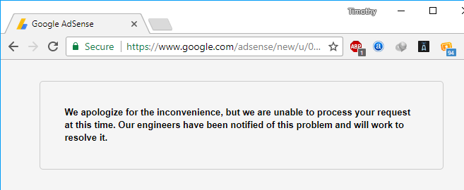 Fix Unable to Process Request This Time Adsense
