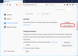 Mozilla Firefox Privacy and Security Site Data