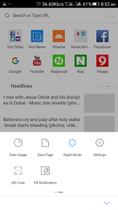 UC Mini Android Menu Scrolled Right