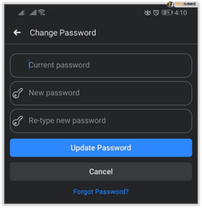 Enter old and new password and tap Update Password
