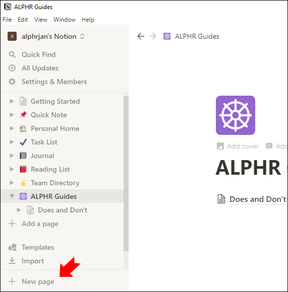 Select New Page; Source: alphr.com