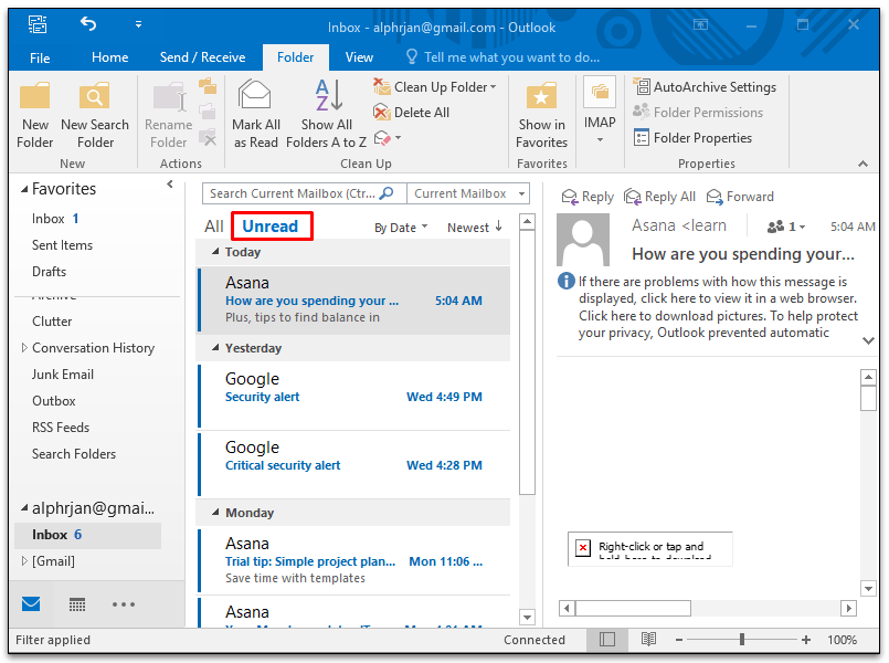 Not Able To See Unread Emails In Outlook