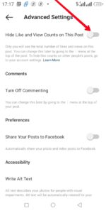 Tap the Hide Like and View Counts on This Post toggle; Photo by About Device