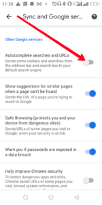Turn off "Autocomplete Searches and URLs"; Photo by About Device