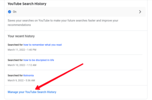 Select Manage Your YouTube Search History; Source: abovedevice.com