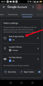 Select "Web & App Activity"; Source: About Device
