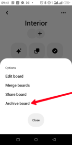 Select "Archive Board"; Source: About Device