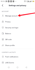 Select "Manage Account"; Source: About Device
