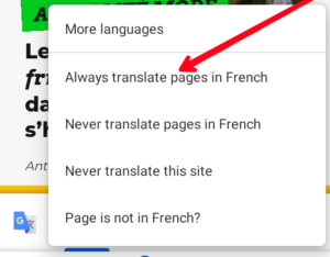 Select .“Always translate pages in [language]"; Source: About Device